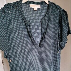 Michael Michael Kors Womens Medium Lace Up Blouse‎ Green Black Geometric